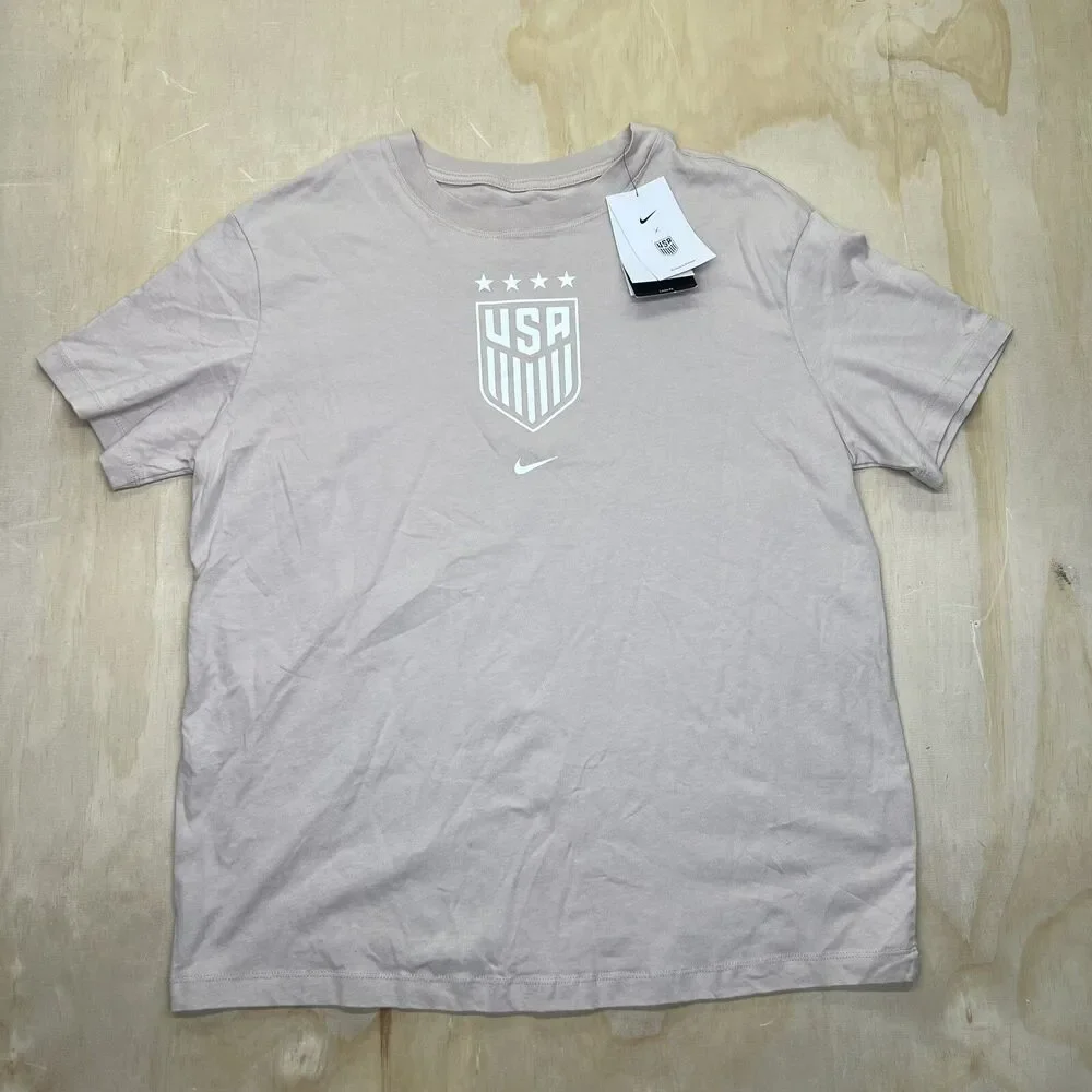NEW MD USWNT Womens Nike Crest Short Sleeve Cotton Shirt Tan USA Soccer US